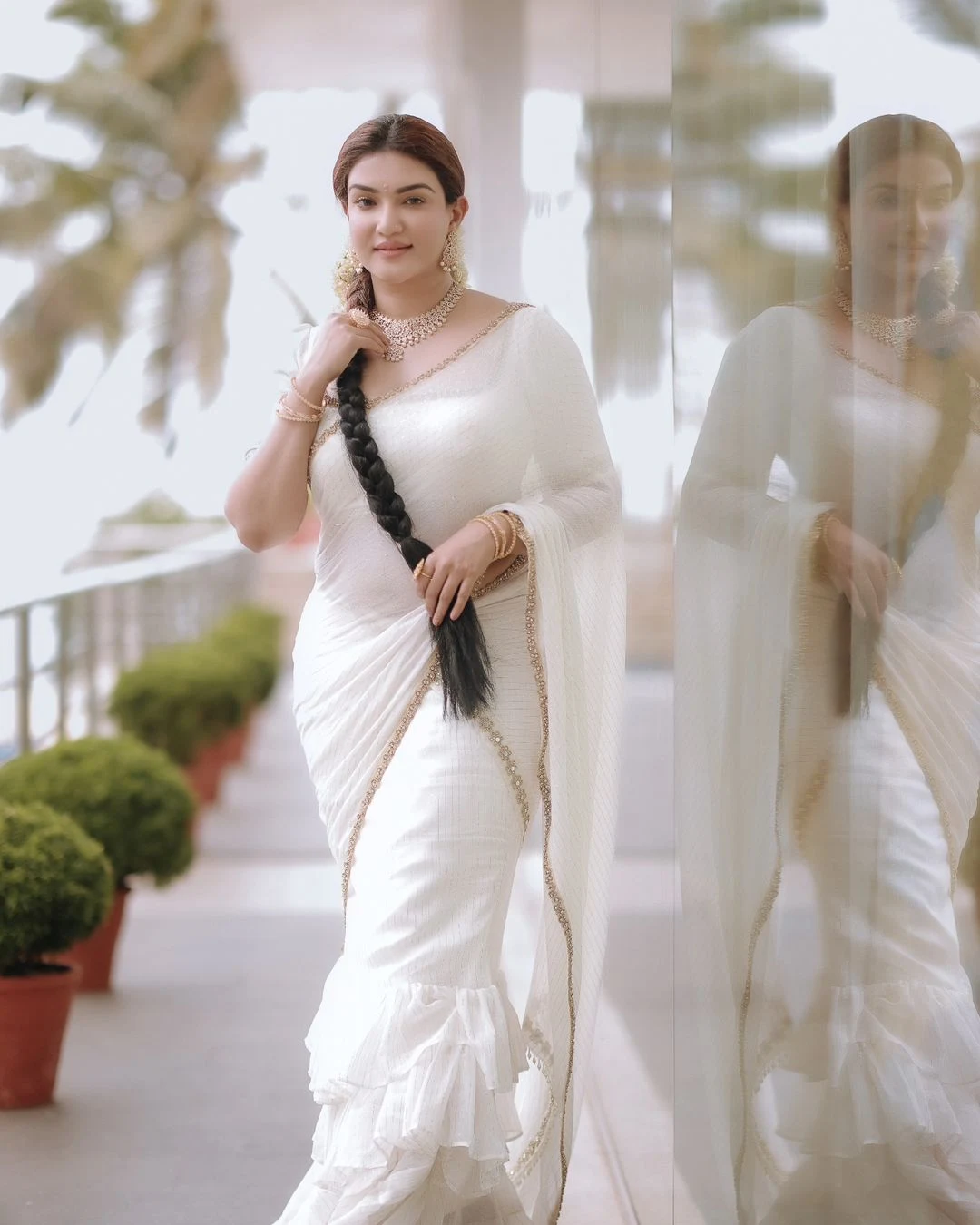 Honey Rose Stills in Sleeveless South Indian White Saree10